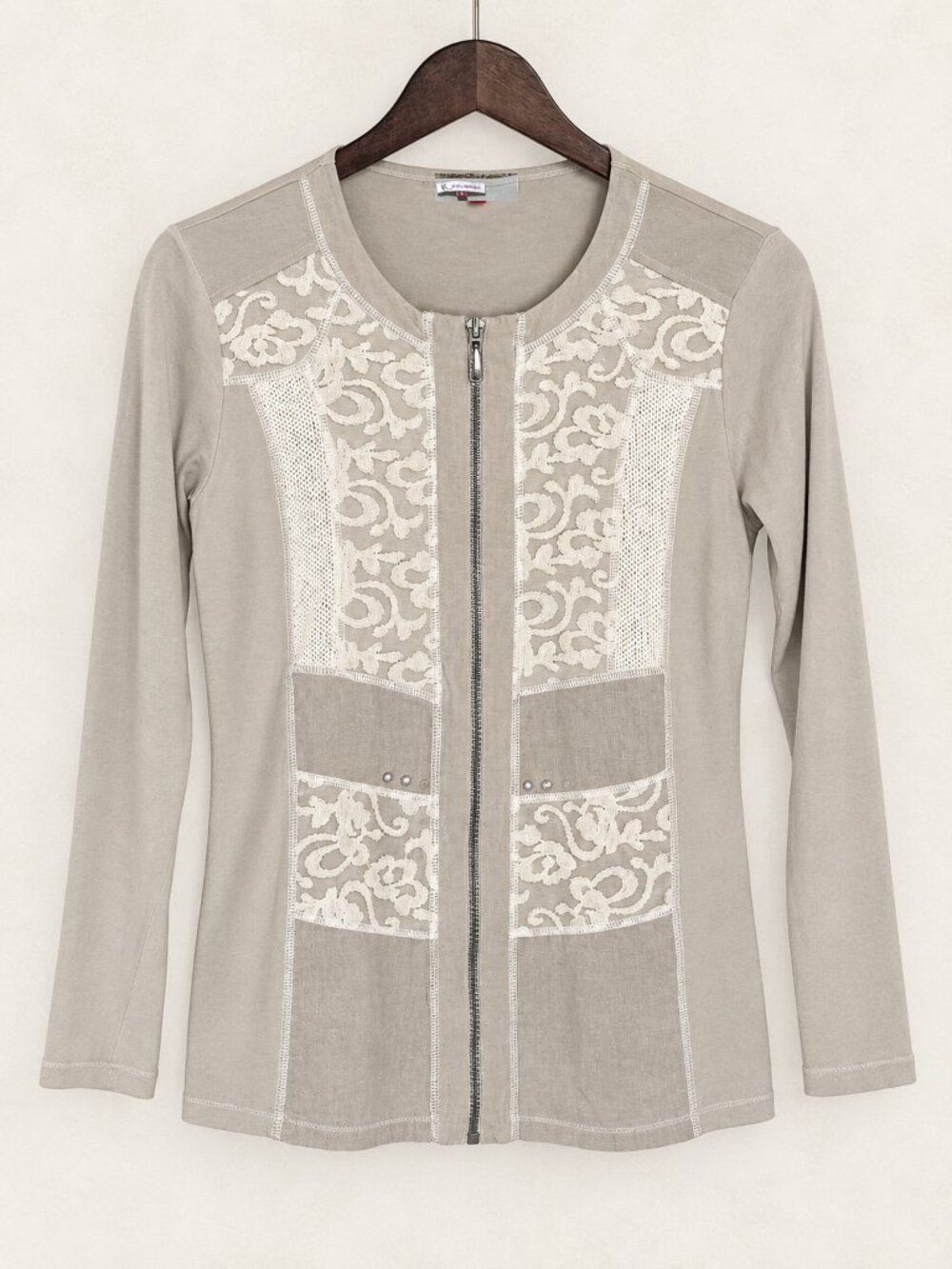 Kalisson Beige Zip Up with Embroidery and Lacey Embellishments Size Small